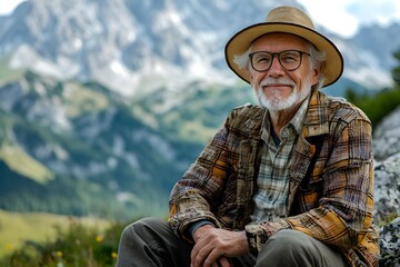 Senior man resting on a mountain peak during an adventurous hike. Generative AI