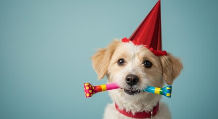 Cute dog celebrating with party hat and blower
