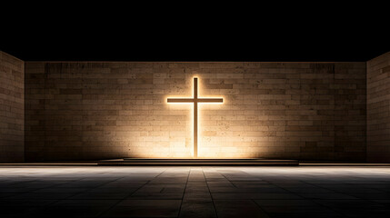 Naklejka premium Glowing Cross in the Center of Stone Wall Interior with Dramatic Lighting