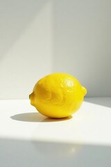 Single lemon on a minimalist white surface with minimal reflection, simplicity, still life