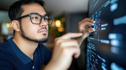 Hacker data center power threat. Young man interacting with a digital interface on a wall screen.