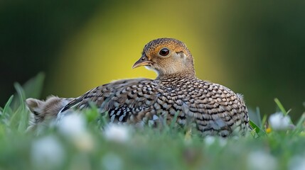 Small Quail nestled in the grass its mottled brown feathers blending into the wild landscape tiny beady eyes scanning the surroundings