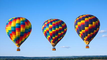 Obraz premium Three Colorful Hot Air Balloons Soaring Against Blue Sky During Summer Day