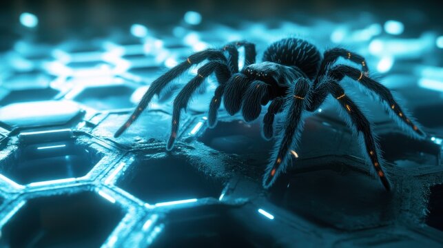 Futuristic spider on a technological honeycomb structure