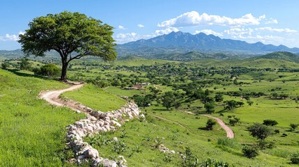 Lush African valley with mountains and trees