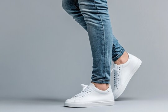 Man wearing jeans and white sneakers, side view of legs on a gray background with copy space for text. Man's feet in shoes isolated on a grey background. Close-up of a man's leg walking.