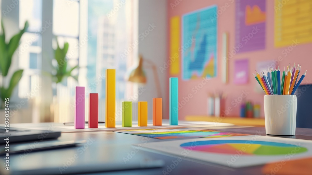 Poster a vibrant financial business concept featuring colorful bar graphs and intricate data charts on a sl