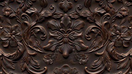 Ornate carved wooden panel with intricate floral patterns in rich dark brown tones. Luxurious and classic decorative texture, ideal for vintage, antique, and interior design projects.
