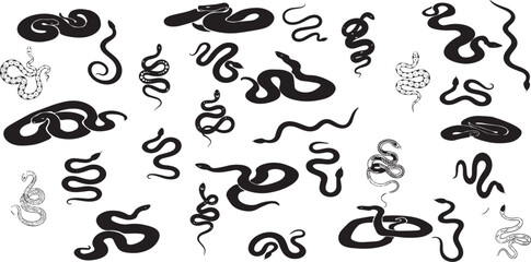Snake silhouette set, abstract snake vector