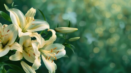 Fototapeta premium Delicate white lilies on a green background. Wedding and Women's Day greeting card.