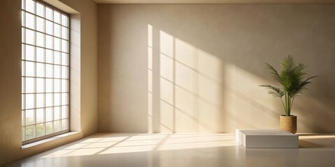 Fototapeta premium Serene Minimalist Room Interior Featuring a Blank Display Plinth, Sunlight Streaming Through a Large Paned Window, and a Potted Tropical Plant