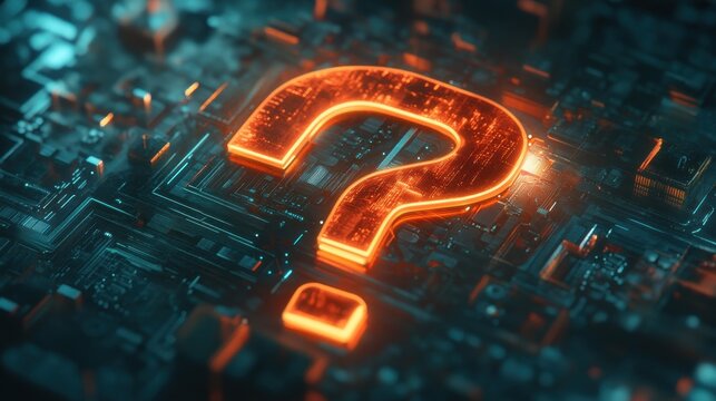 Large bold question mark symbol with glowing edges, set in a futuristic, abstract digital space