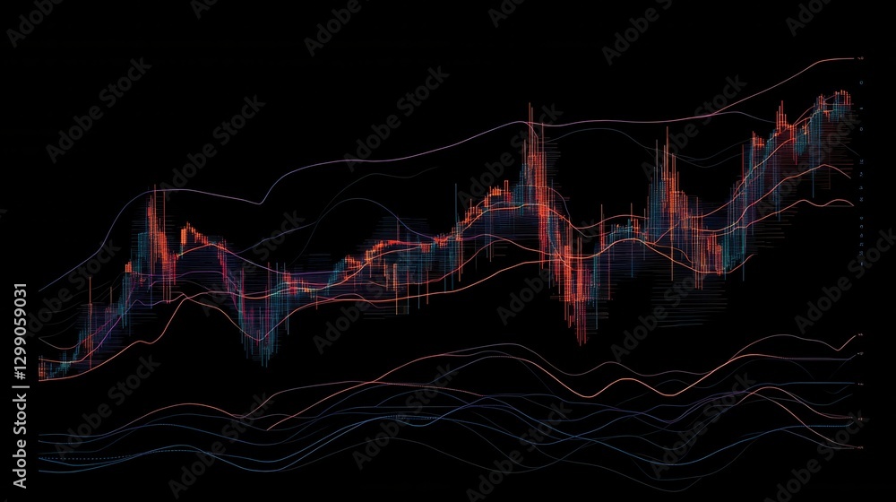 Poster digital financial chart with glowing lines and data visualization on a dark background.