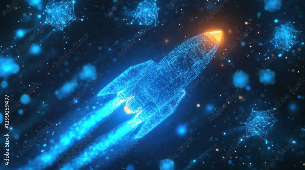 Poster a glowing blue digital rocket soaring through a network of interconnected nodes
