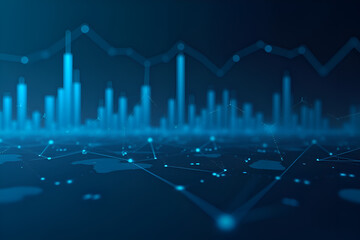 Naklejka premium Abstract data visualization concept with blue tones and city skyline, digital technology design, copy space