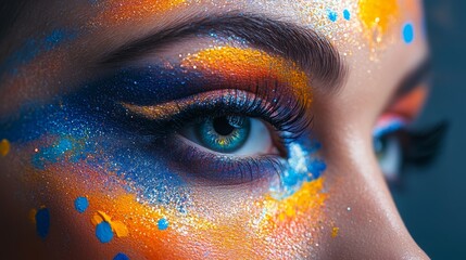 Vibrant face painting showcasing artistic design with blue and orange colors during an expressive makeup session