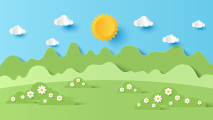 Fototapeta premium Vector illustration of park scenery with mountain and cloud sky on a sunny day. Paper cut and craft style illustration