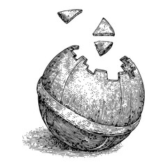 Obraz premium Broken Wooden Ball with Floating Pieces Black and White Outline Line Art Drawing Illustration