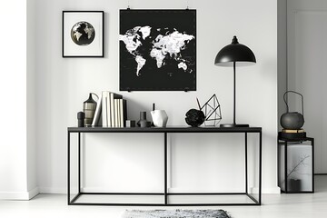 Modern room with black and white poster map, sleek console table, modern lamp, and minimalist accessories.