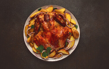 fried, baked chicken, in the oven, with spices, and rustic potatoes, top view, homemade,