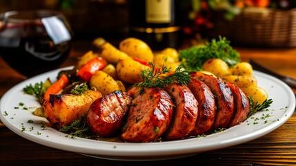 Delectable Feast: A mouthwatering plate of sausages, roasted vegetables, potatoes, and a glass of red wine. Perfect for culinary and dining concepts.
