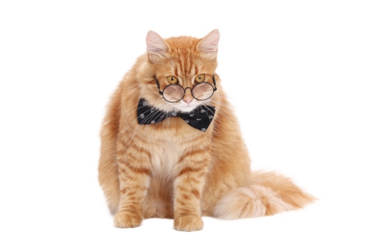 Adorable ginger cat wearing round glasses and a black bow tie. Funny smart pet posing . Cute feline fashion, isolated studio shot.