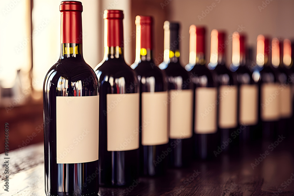 Poster diverse collection of wine bottles featuring empty labels arranged on a table. generative ai.
