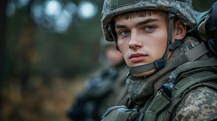 Young soldier in military gear prepares for training in forested area during daytime