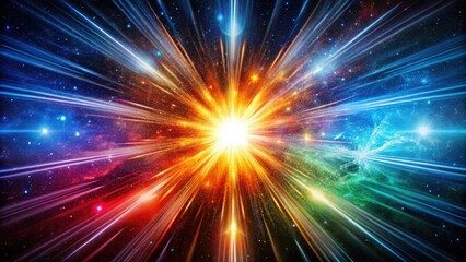 Fototapeta premium A vibrant cosmic explosion, radiating multicolored light streaks across a star-studded expanse of space.