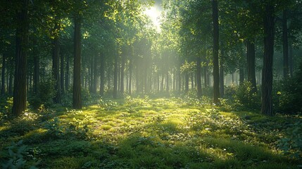Obraz premium Serene Sunlit Forest with Lush Green Vegetation and Gentle Morning Light