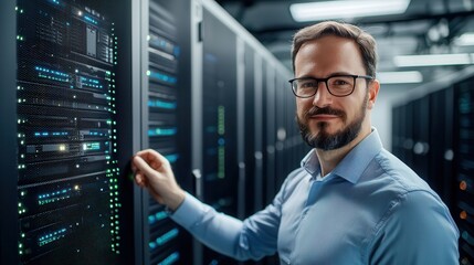 Fototapeta premium Hacker data center power threat. Professional man managing server equipment in a data center.