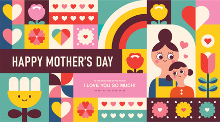 Happy Mother's Day flat vector illustration in geometry style. Mom with child, flowers and abstract geometric shapes.
