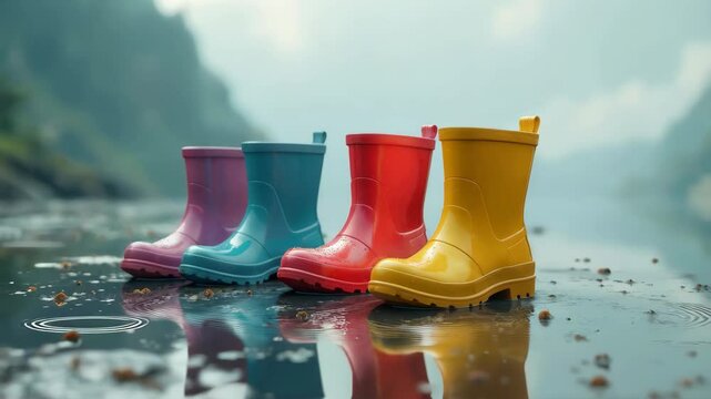 Colorful rubber boots splashing in rainy puddle after rain day