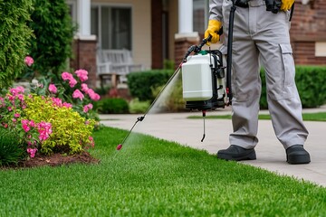 A professional pest control specialist sprays pesticide on a green lawn outdoors for effective pest management.