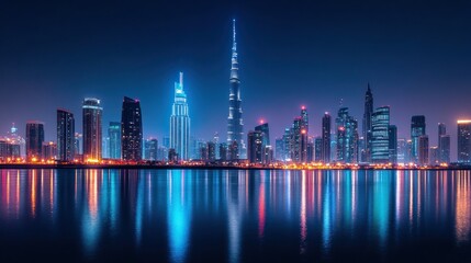 Fototapeta premium Dubai Skyline at Night, Cityscape Reflection on Water