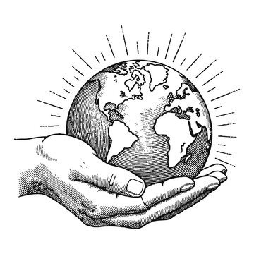 Earth Globe on Hand with Sunburst Effect in Black and White Outline Line Art Drawing Style