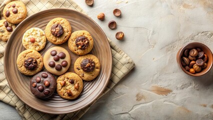 Fototapeta premium A delightful assortment of sweet baked goods, featuring various chocolate and nut toppings, arranged on a rustic wooden plate beside a small bowl of additional treats.