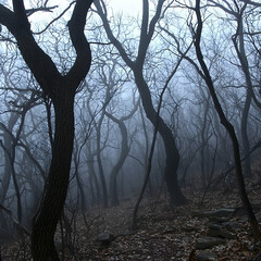 Misty forest path, leaf-covered ground, gnarled trees, atmospheric scene, ideal for fantasy or horror