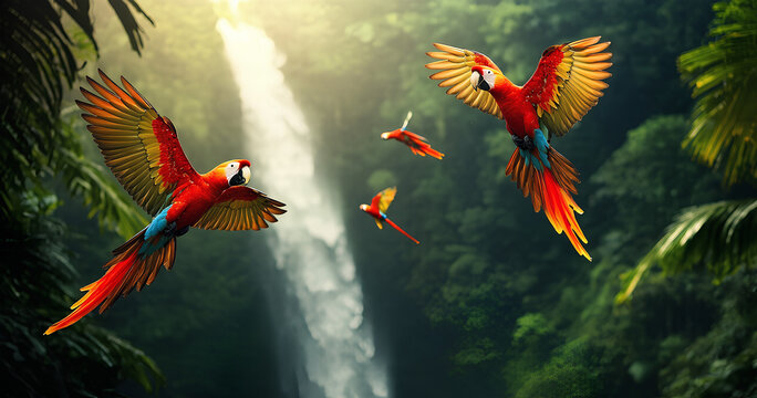 Colorful Macaws Soar Through a Lush Rainforest Waterfall
