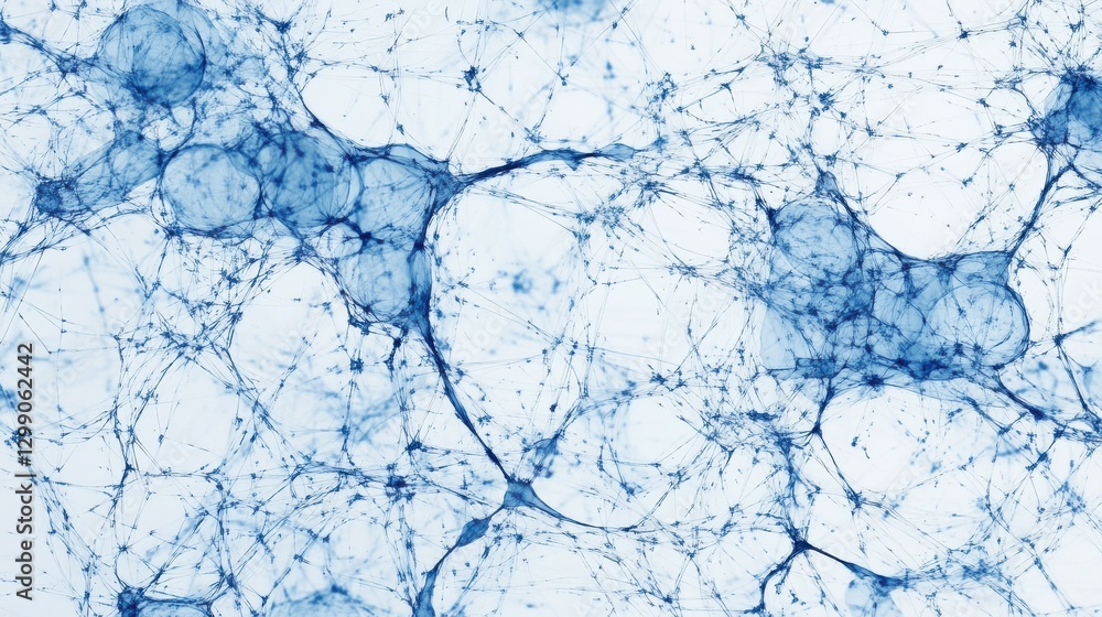 Poster a white background with dots and lines depicting a blue network. an abstract network technology back