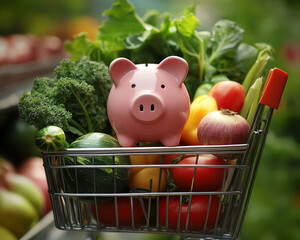 Fresh vegetables with a piggy bank in a cart.