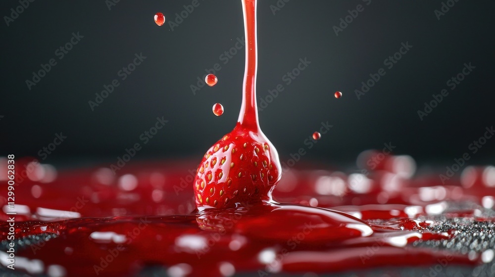 Poster a strawberry is dripping red juice onto a table