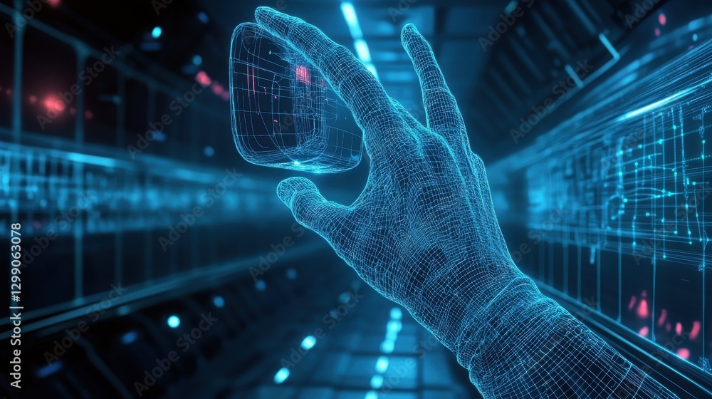 Poster digital wireframe hand interacting with virtual reality headset in a futuristic setting