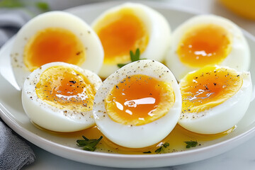 A plate of halved soft-boiled eggs with perfectly runny yolks