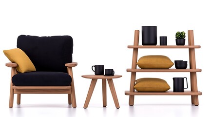 Modern chair, side table, and shelf unit on white