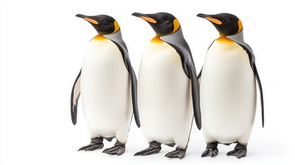 Fototapeta premium Three King Penguins Standing in a Row Against a White Background