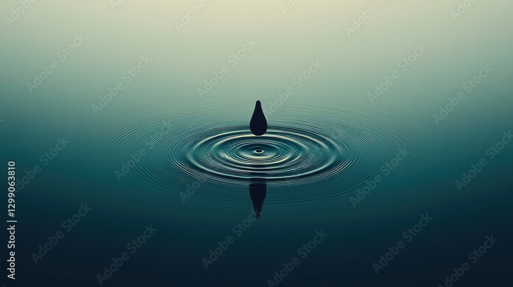 Poster water drop creating ripples on a calm, serene surface with reflection