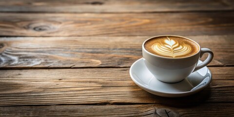 Aromatic coffee drink with delicate latte art in a pristine white cup, nestled on a saucer, rests on a rustic wooden surface.