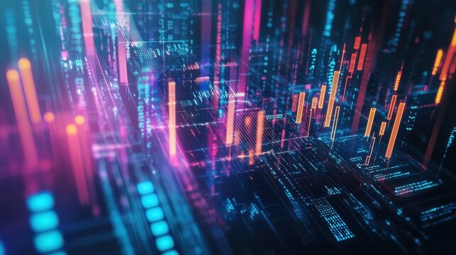 Vibrant abstract representation of financial data with colorful graphs and digital elements, ideal for technology and finance themes. - Powered by Adobe