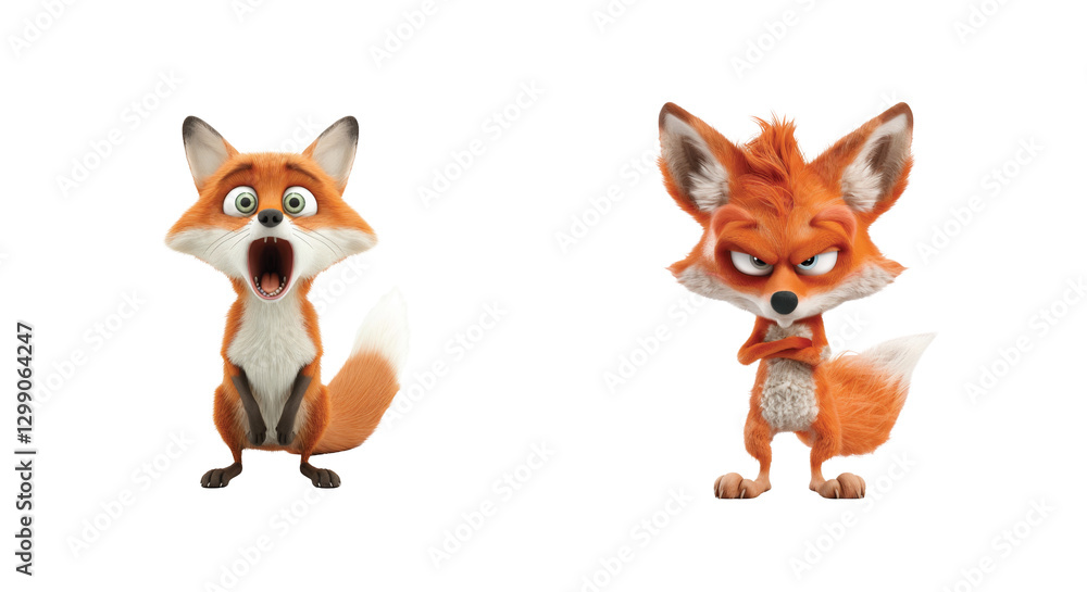 Poster two animated fox characters with different expressions showing varied emotions and personality